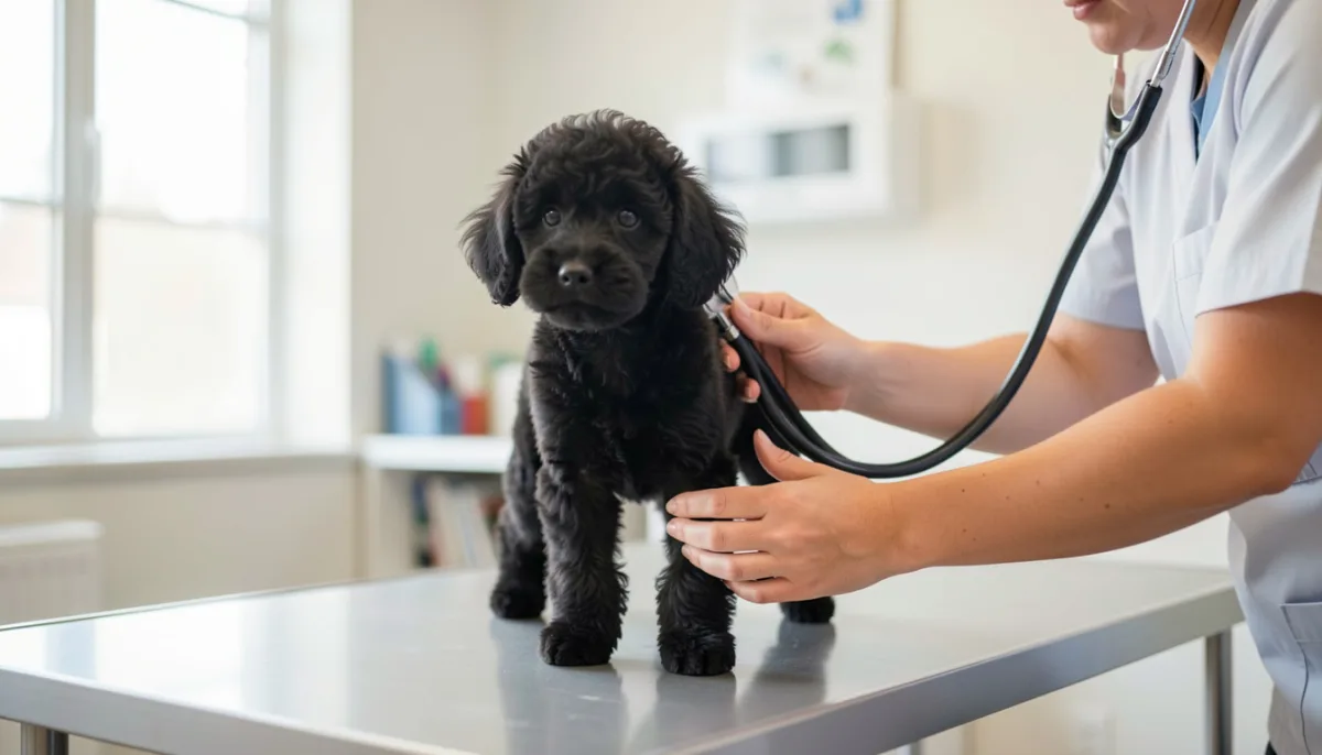 Vétérinaire auscultant au stéthoscope un chiot caniche nain noir debout sur une table d'examen, les mains du propriétaire posées doucement sur le chiot