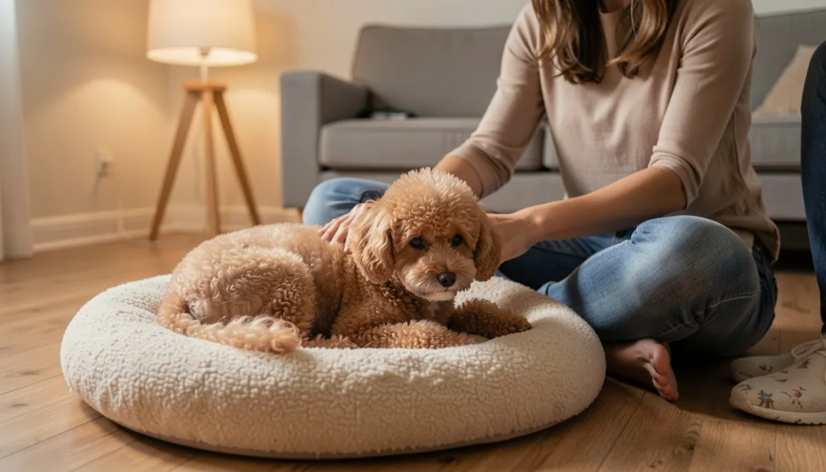 Caniche nain abricot au museau grisonnant couché sur un coussin rond en laine polaire, une femme assise en tailleur à côté le caresse, salon éclairé par une lampe le soir