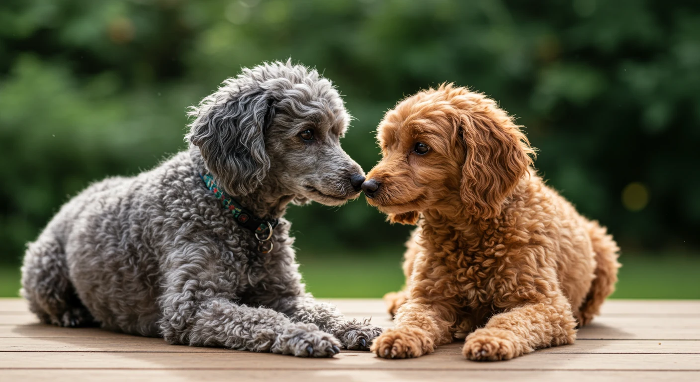 Deux caniches nains cote a cote dans un jardin