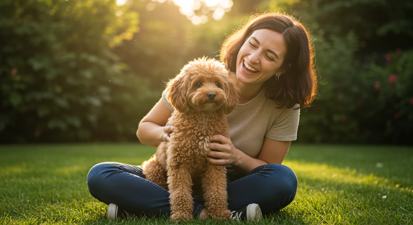 Jeune femme avec son caniche nain blanc dans un jardin ensoleille