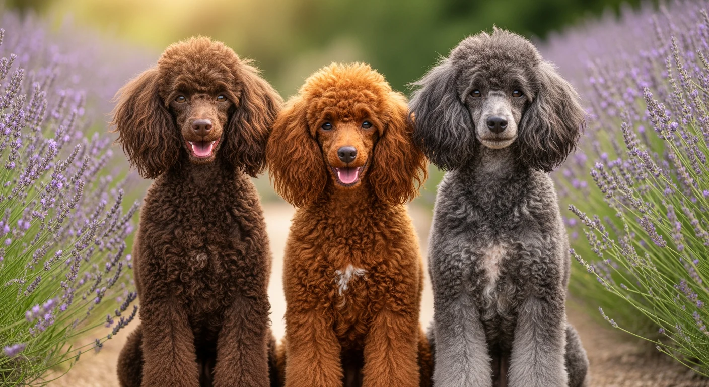 Trois caniches nains de couleurs differentes dans un jardin fleuri