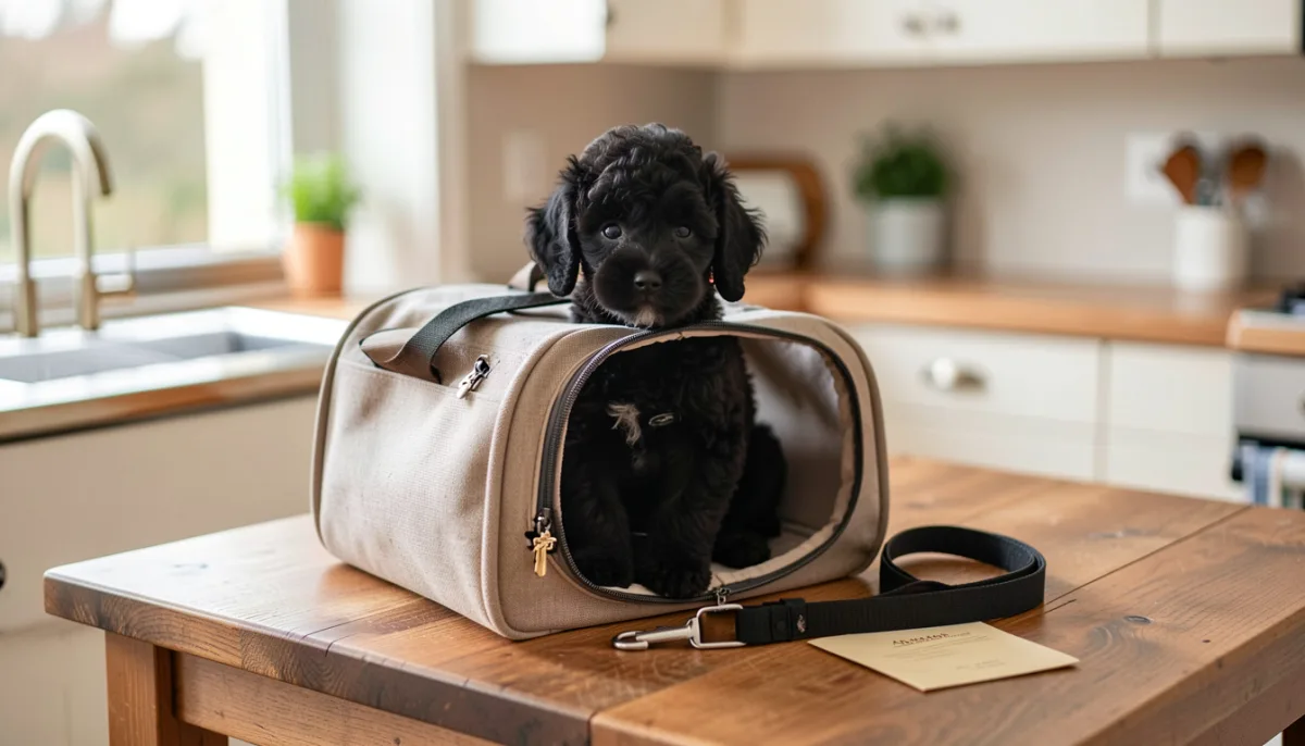 Chiot caniche nain noir assis dans un sac de transport en tissu ouvert sur une table de cuisine en bois, une laisse et une enveloppe posées à côté