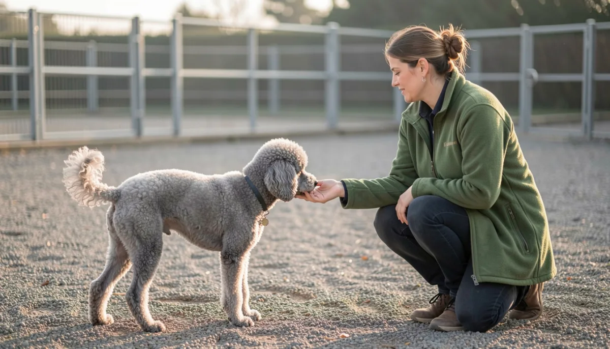 Bénévole en veste polaire verte accroupie dans une cour de gravier, tendant la main à un caniche nain gris adulte au poil frisé